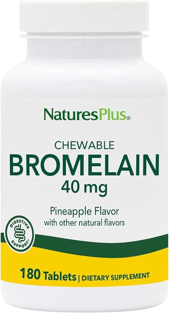 Natures Plus Chewable Bromelain - 40 mg - Natural Proteolytic Enzyme Supplement - 180 Chewable Tablets (180 Servings)