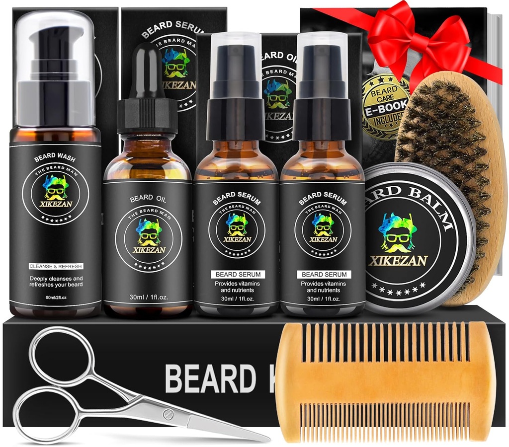 XIKEZAN Beard Kit for Men Grooming & Care Set w/2 Pack Beard Serum, Wash, Oil, Balm, Comb, Brush, Scissor, Bag, EBook, Unique Birthday Gifts for Men Him Dad Husband Brother Christmas Stocking Stuffers