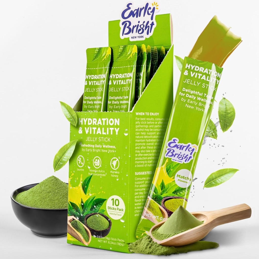 Jelly Sticks - Matcha-Flavored for Better Morning After Drinking, Liver Support & Vitality with Taurine & DHM, Feel Refreshed and Energized, 18gX10ea