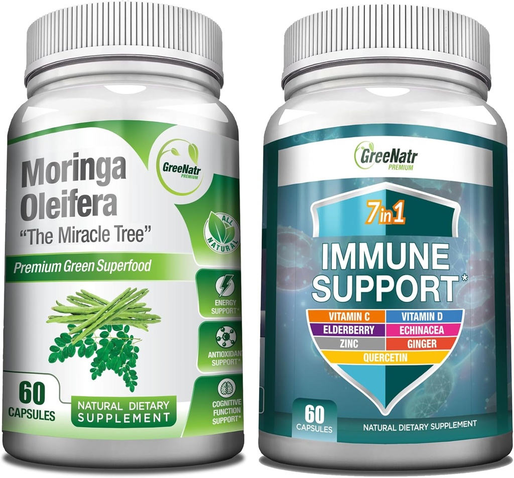 GreeNatr Energy Support & Immune Defense Bundle: Pure Moringa Oleifera Leaf Extract Veggie Capsules (1000 mg) with 7-in-1 Immune Support Formula for Energy, Mood, Memory, Focus
