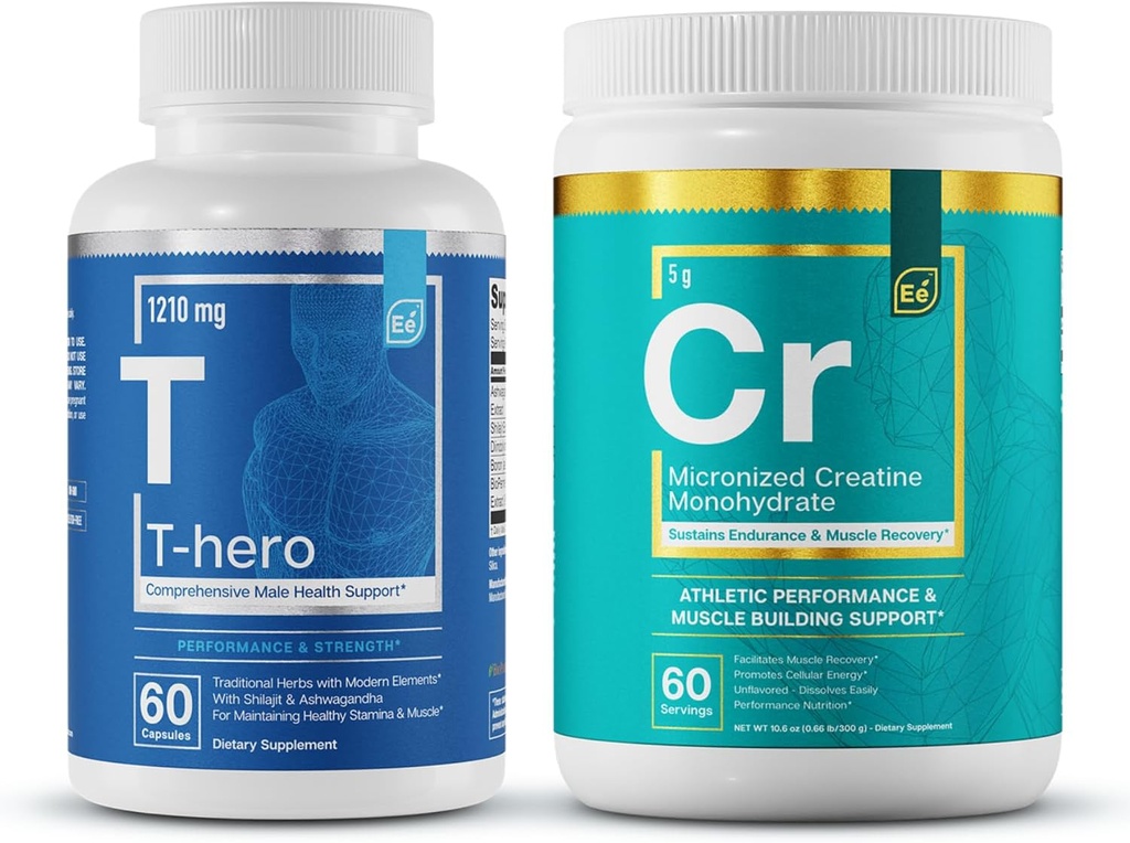 Essential Elements T-Hero + Micronized Creatine Monohydrate | Male Health Supplement - Muscle Support & T-Health