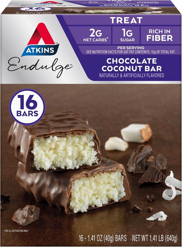 Atkins Endulge Chocolate Coconut Flavored Bar, Low Sugar Treat, High in Fiber, 16 Count