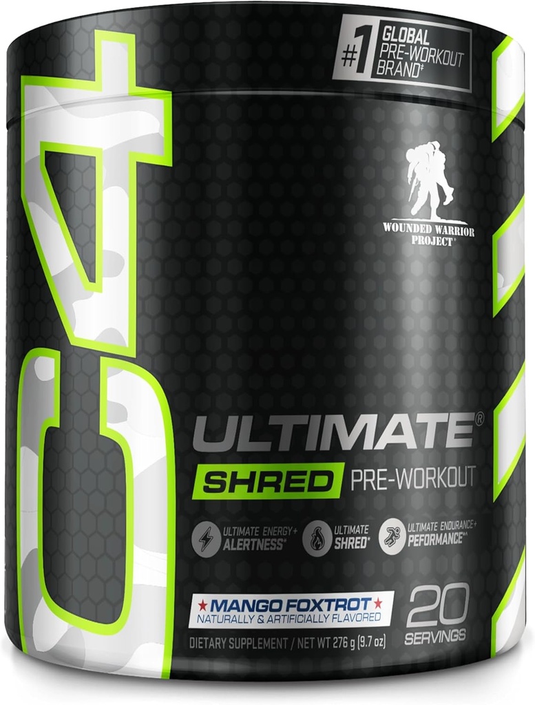 Cellucor C4 Ultimate Shred x Wounded Warrior Project Pre Workout Powder, Fat Burner for Men & Women, Weight Loss Supplement with Ginger Root Extract, Mango Foxtrot, 20 Servings (Pack of 1)