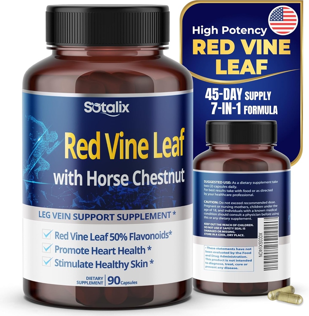 Red Vine Leaf and Horse Chestnut, 50% Flavonoids for Leg Vein Support, Skin, Heart Wellness - Made in The USA
