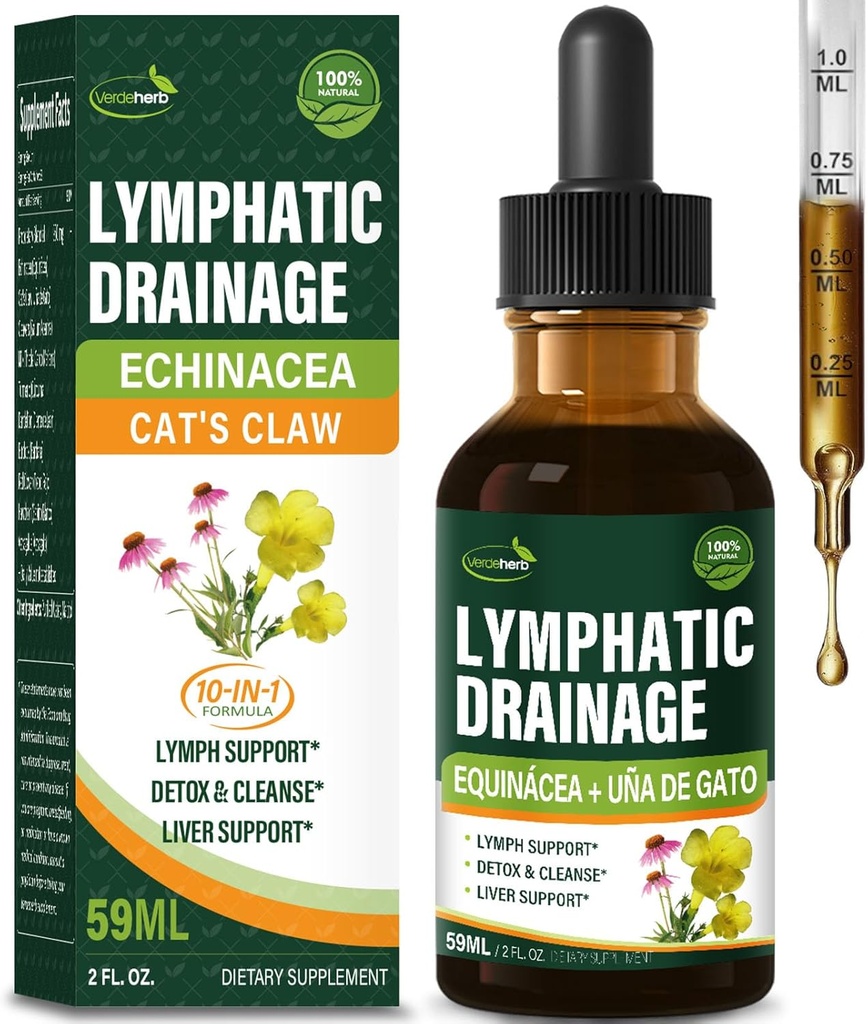 Cleavers Lymphatic Drainage Drops Enhance Lymph System Detox Cleanse, Echinacea, Milk Thistle, Cats Claw, Turmeric, Dandelion, Burdock Immune Support Supplement. 2oz
