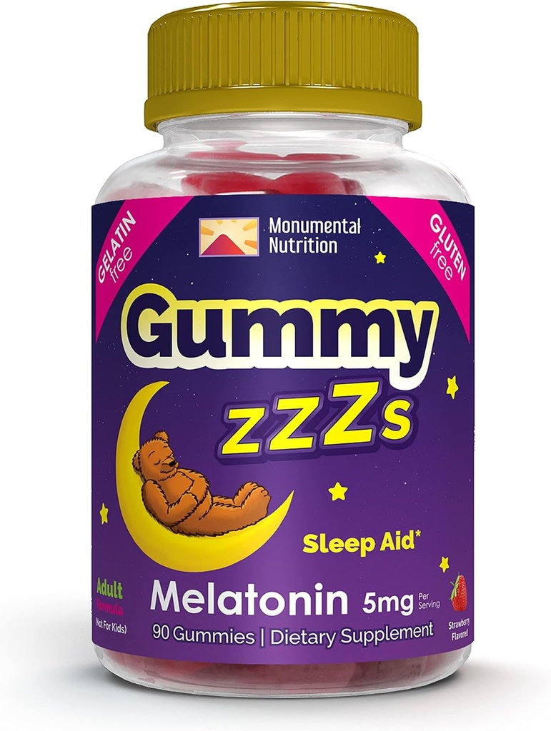 Gummy ZZZs Melatonin - Sleep Gummies 5 mg - Strawberry Flavor - 90 Count - Vegan-Friendly, Gelatin and Gluten Free - Halal and Kosher Certified - Nighttime Gummies for Men and Women