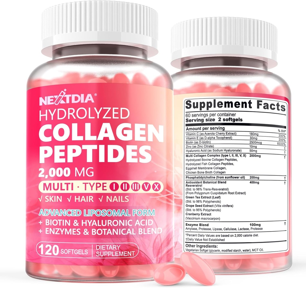 2 Pack Liposomal Collagen Peptides Pills for Women 2000mg, Multi Hydrolyzed Collagen Type I, II, III, V, X with 2500mcg Biotin - Collagen Supplements Softgels with Hair, Skin & Nails Vitamins, 240 Cts