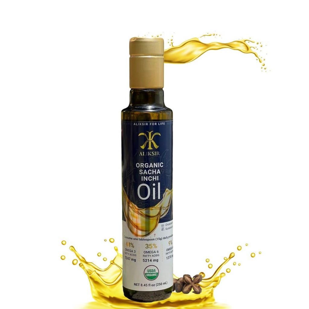 Organic Sacha Inchi Oil, Amazonian seed – Extra Virgin, 100% Natural, High Omega 3 (7247 mg), Omega 6 (5214 mg), Omega 9 (1370 mg), Cold Pressed with Vitamin E - antidioxidants that help you hair, nails and skin.