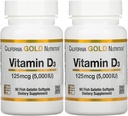 Vitamin D3 Supplement by California Gold Nutrition - Support for Healthy Bones & Teeth - Immune System Support - Gluten Free, Non-GMO - 125 mcg (5,000 IU) - 2 Pack of 90 Fish Gelatin Softgels Each