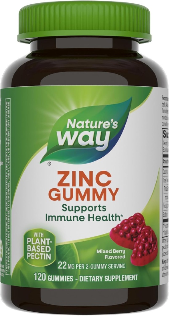 Nature's Way Zinc Gummies, Adult & Kids 9+ Immune Support Gummies*, 100% Daily Value per Serving, Mixed Berry Flavor, 120 Chews