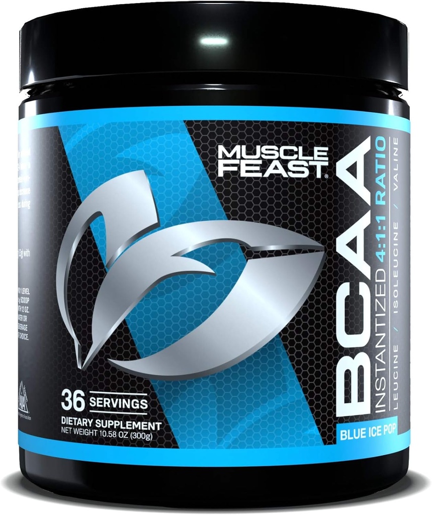 Muscle Feast Vegan BCAA Powder 4:1:1 Ratio Keto Friendly Sugar Free Post Workout Recovery, Blue Ice Pop, 300g
