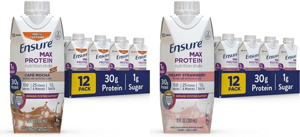 Ensure Max Protein Liquid Nutritional Shake with 30g of Protein & Max Protein Nutrition Shake with 30g of Protein, 1g of Sugar, High Protein Shake, Creamy Strawberry, 11 fl oz, (Pack of 12)