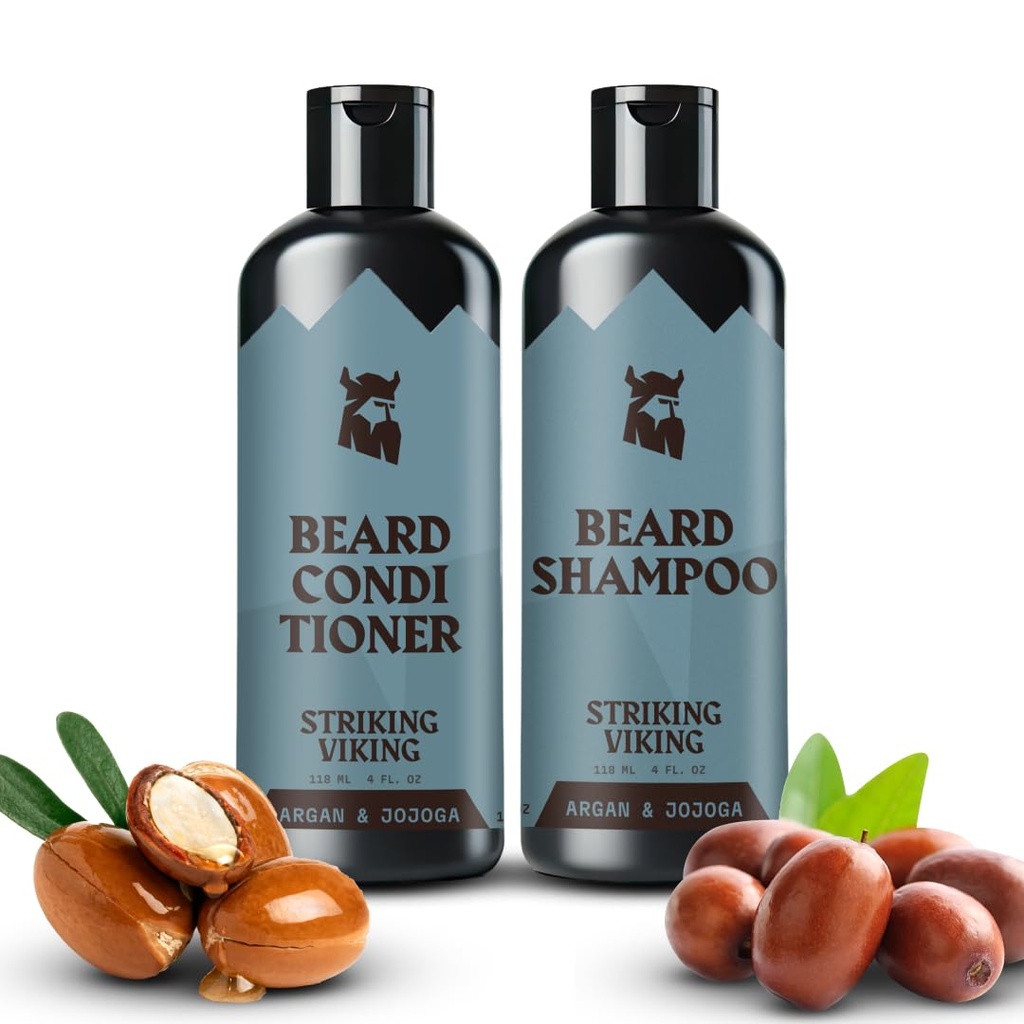 Striking Viking Beard Shampoo and Conditioner Set – 4 Fl Oz Each, Fresh Masculine Scent - Beard Wash and Conditioner for Men - Cleanses & Softens, with Argan & Jojoba Oil - Sulfate & Paraben Free