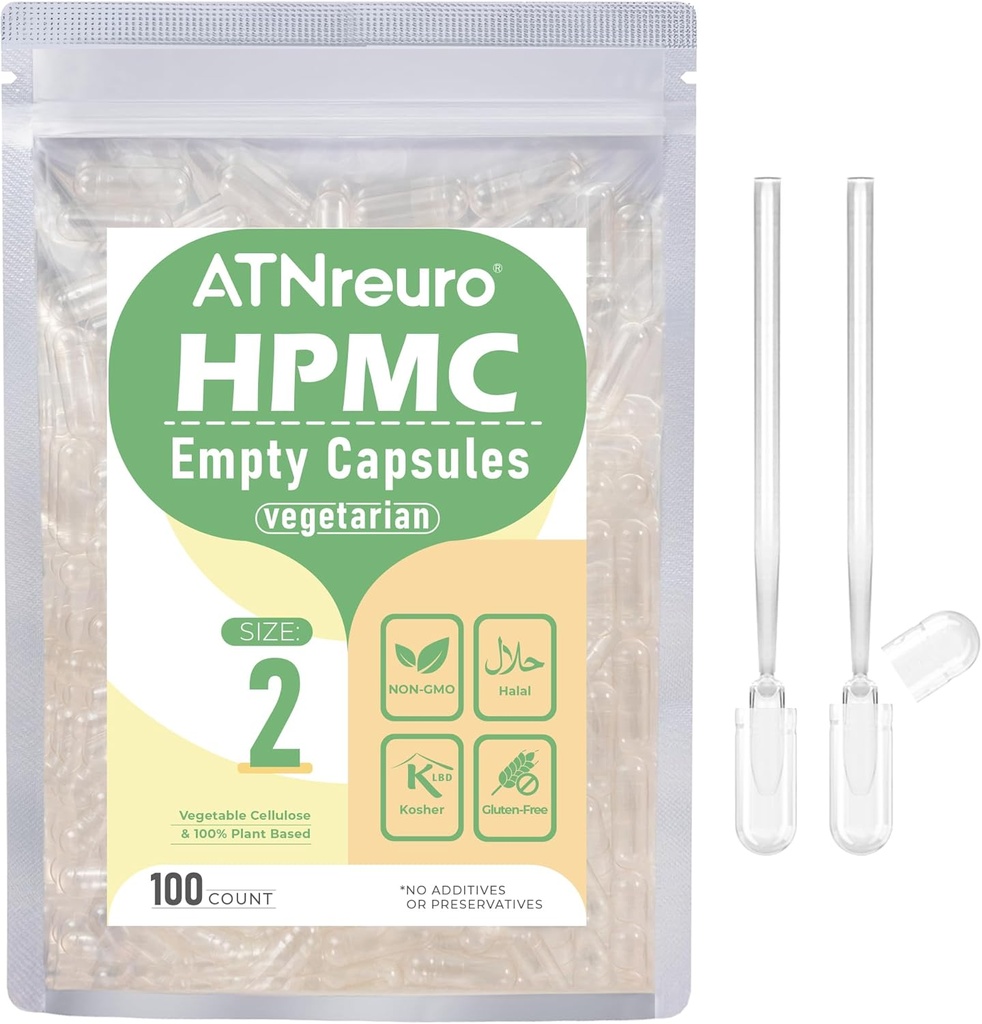 Size 2 Empty Vegan Capsules with 2 Micro Spoons - 100 Count Empty Vegetarian Capsule - Pill Capsules for Powders Supplements
