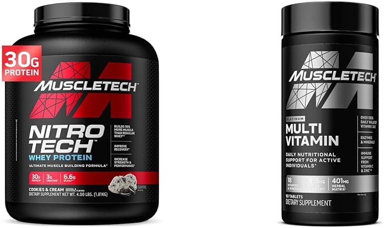 Muscletech Whey Protein Powder & Multivitamin for Immune Support - Nitro-Tech Muscle Building Formula with Whey Protein Isolate & Peptides, 30g Protein, 3g Creatine, 6.8g BCAAs, and Platinum Multivitamin with 18 Vitamins & Minerals