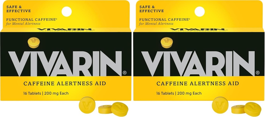 Vivarin, Caffeine Pills, 200mg Caffeine per Dose, Safely and Effectively Helps You Stay Awake, No Sugar, Calories or Hidden Ingredients, Energy Supplement, 16 Tablets (Pack of 2)