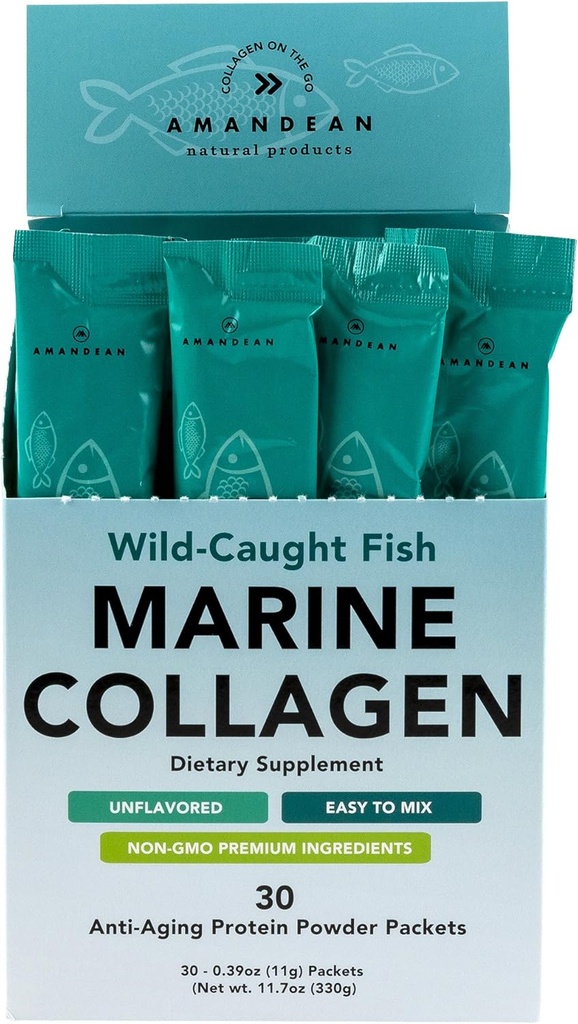 AMANDEAN Marine Collagen Peptides Powder Stick Packs. Wild-Caught Fish. 30 Single Use Individual Packets. Hair, Skin & Nails. Non-GMO, Zero Carbs, Unflavored, High Bioavailability.