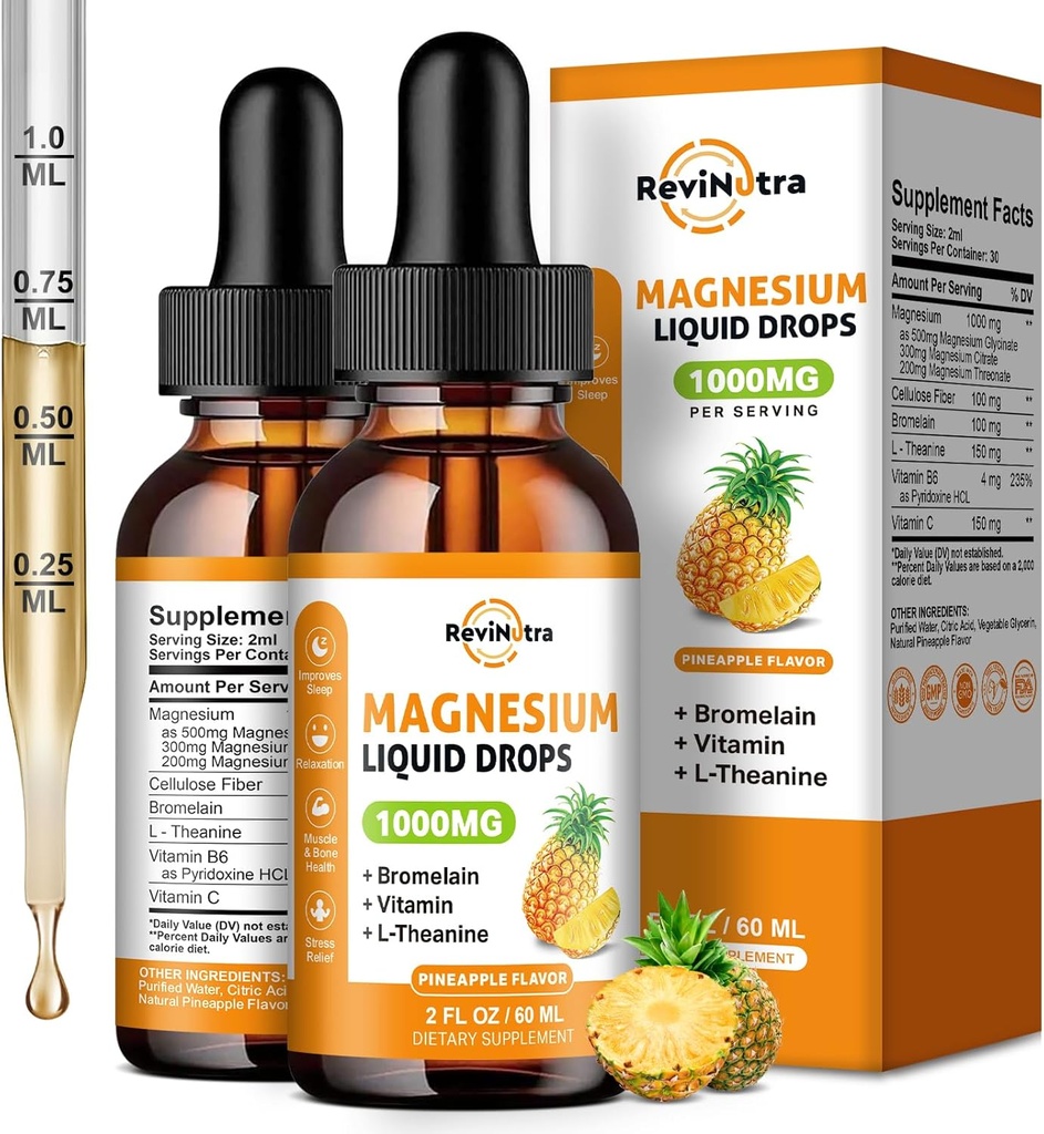 2 Pack Magnesium Glycinate Liquid Drops, 1000mg of Liquid Magnesium Complex Drops for Sleep, Nerve, Energy, Muscle, Bone, Calm & Digestion, High Absorption, 2 Fl Oz, Pineapple Flavor