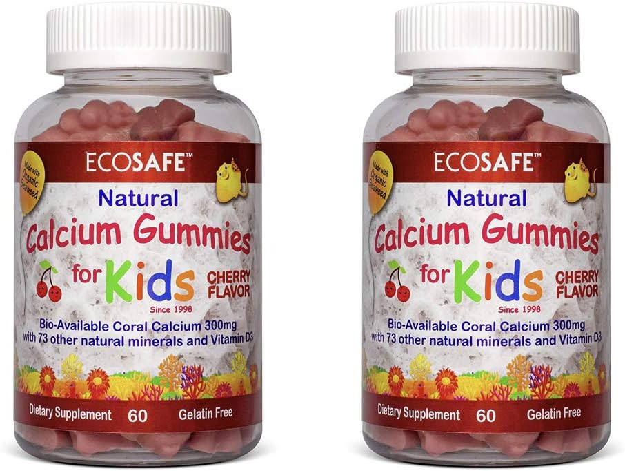 Coral Calcium Vitamin D3 Kids Gummy, Natural Cherry Flavor, Non GMO, Gluten-Free, Dairy-Free, Soy-Free and Gelatin Free - 300 mg of Calcium, and 800 IU of Vitamin D3-60 Gummies (1 Pack)