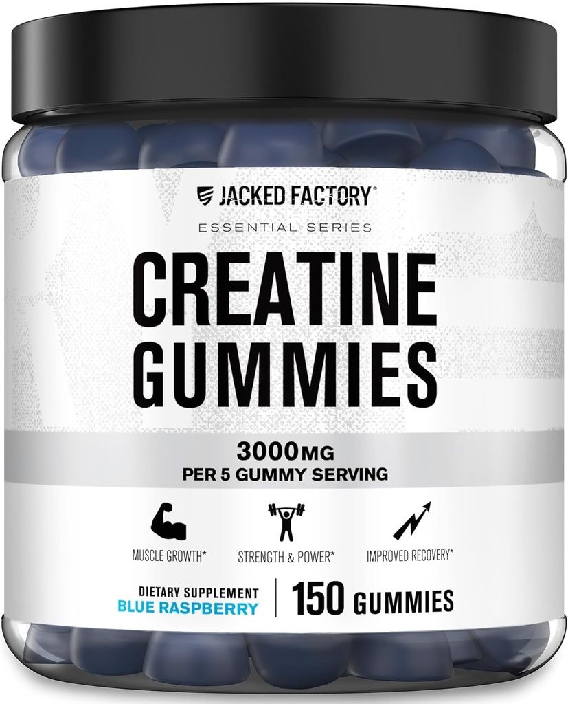 Jacked Factory Creatine Monohydrate Gummies (3g) - Creatine for Muscle Growth, Strength, Enhanced Energy, and Improved Athletic Performance - 150 Gummies, Blue Raspberry