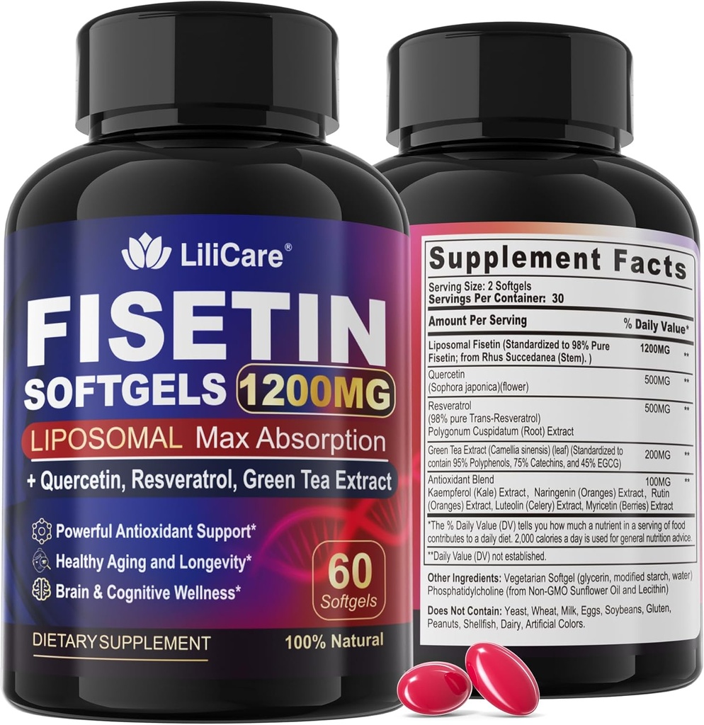 Fisetin Supplement - Liposomal Super Absorption 98% Pure 1200mg with Quercetin, Resveratrol, Green Tea Extract for Healthy Aging & Longevity, Skin Health, Brain & Antioxidant - 60 Softgels
