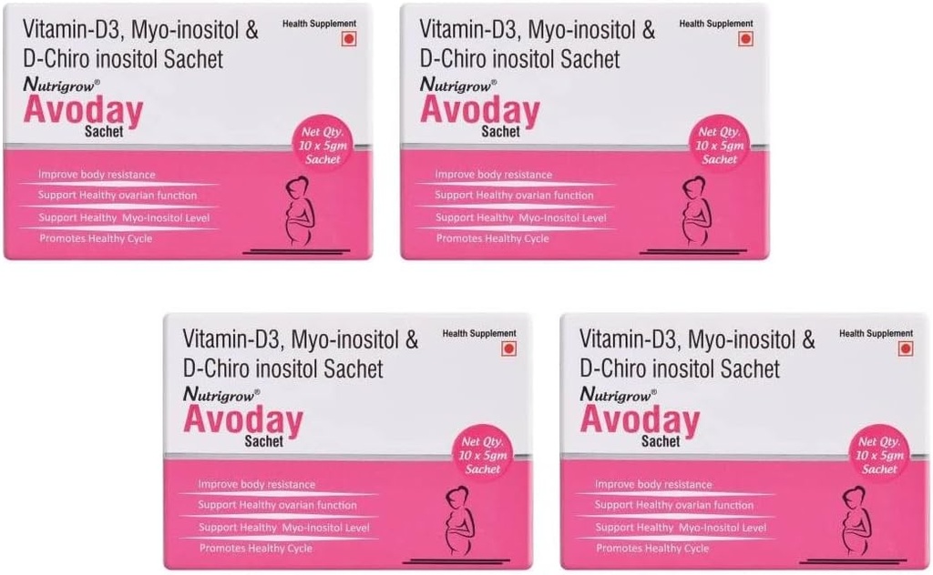 NUTRIGROW AVODAY Powder Supply 40 Days/Aid Ovarian Function Support for Women - Regulate Your Hormones/Vitamin d3 myo- inositol & D Chiro inositol/Health Supplements/Metabolism Booster Pack of 4