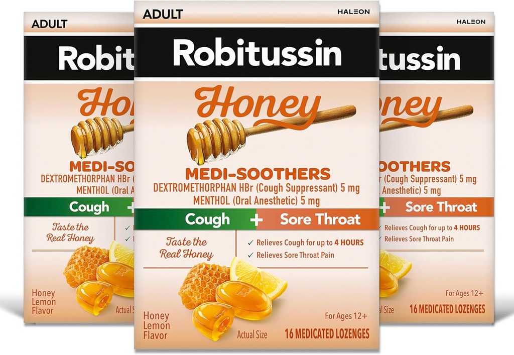 Robitussin Medi-Soothers Honey Lemon Throat Lozenges, Long-Lasting Cough + Sore Throat Pain Relief - 48 Count (3 x 16ct Packs)