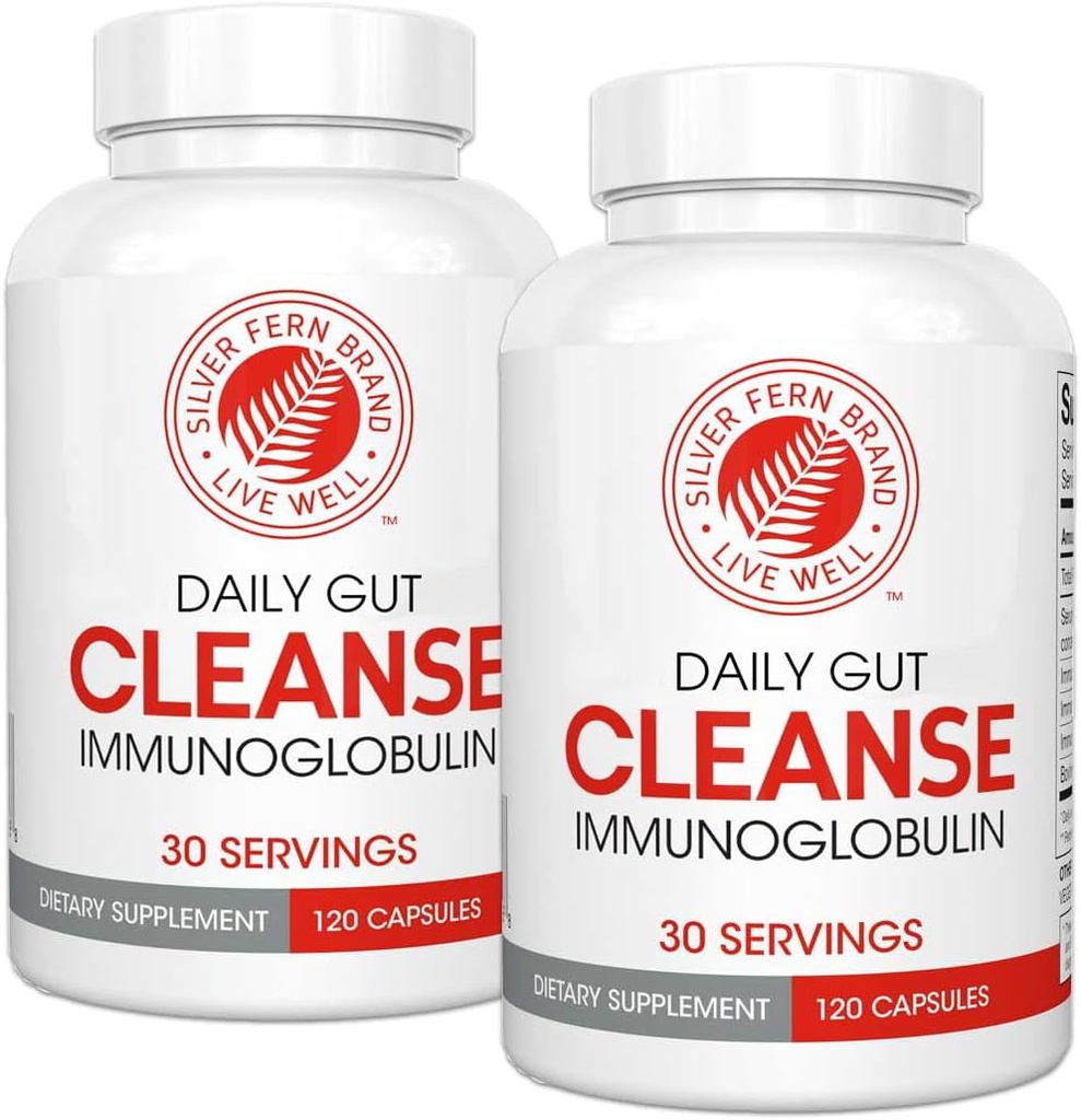 Silver Fern Cleanse - Daily Gut - 2 Bottle - 240 Capsules - 60 Day Supply - Immunoglobulin G, A & M -(IgG, IGA, IgM) - Digestive System & Immune System Support - Postbiotic