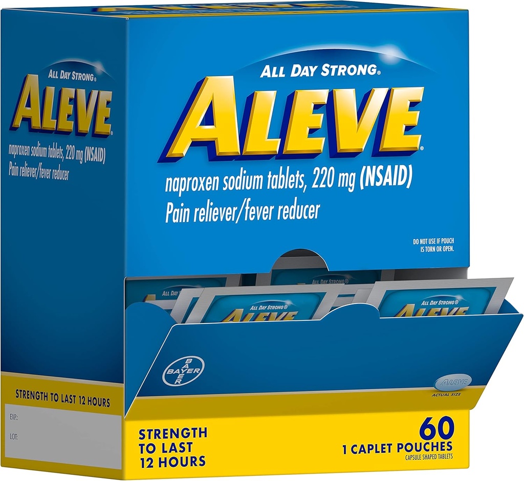 Aleve Pain Reliever & Fever Reducer Naproxen Sodium Caplets, Body and Arthritis Pain Reliever, Medicine for Adults and Children Ages 12 and Up, 60 Individual Pouches