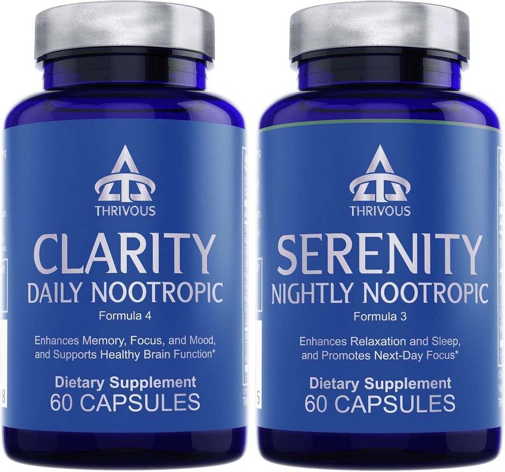 Thrivous Clarity & Serenity Stack – Day + Night Nootropic Bundle for Focus, Mood, Relaxation & Sleep Support – 120 Vegan Capsules