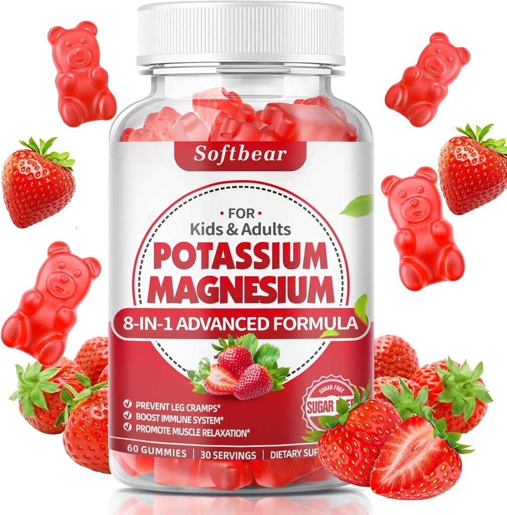softbear Potassium Gummies for Adults, High Absorption Magnesium Potassium Supplement with Vitamin B6 for Leg Cramps & Muscle Health Sugar-Free Vegan Strawberry 60 Gummies