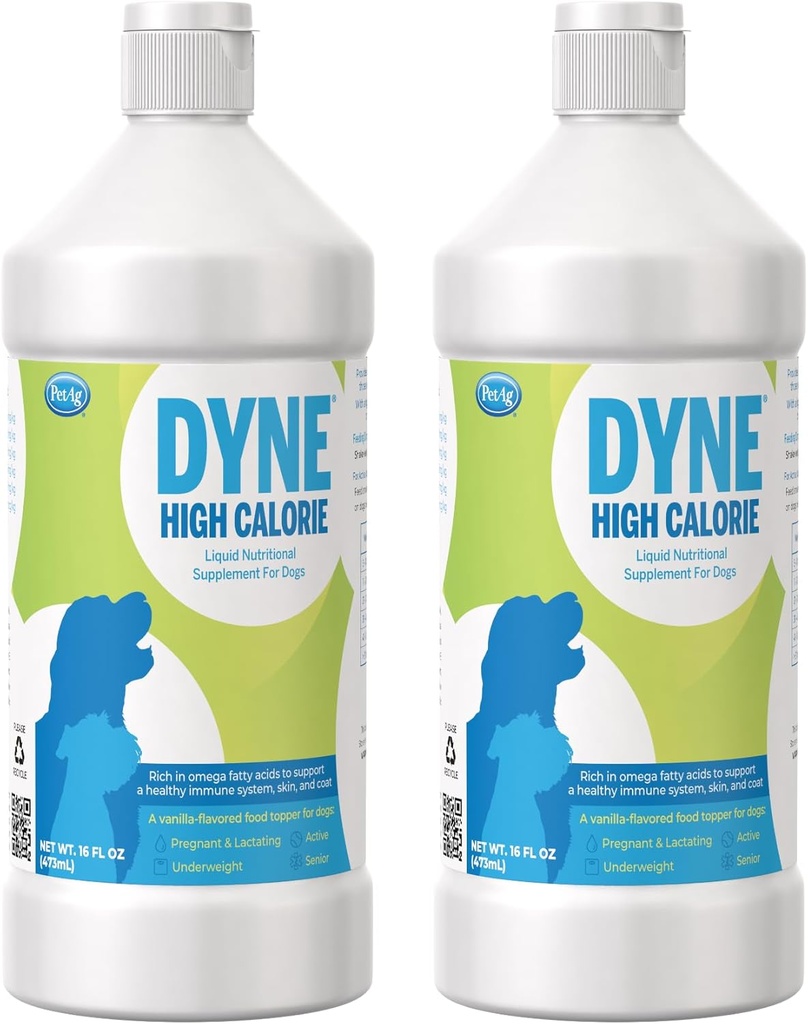 PetAg Dyne High Calorie Liquid Nutritional Supplement for Dogs & Puppies 8 Weeks and Older - 16 oz, Pack of 2 - Supports Performance and Endurance - Sweet Vanilla Flavor