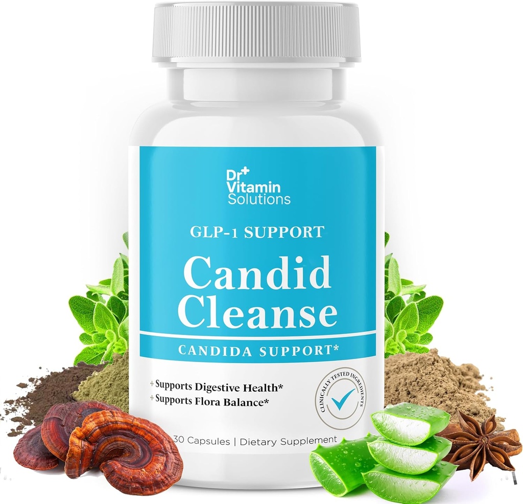 DR VITAMIN SOLUTIONS Candid Cleanse Supplement with GLP-1 Support - Oregano Leaf, Caprylic Acid & LactoSpore | Candida Support Pills for Digestive Health | Candida Cleanse Detox for Women & Men | 30
