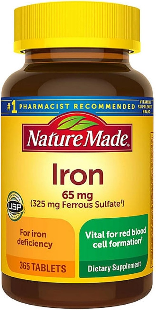 Nature Made Iron 65 mg (from Ferrous Sulfate) Tablets for Red Blood Cell Formation (365 ct.).