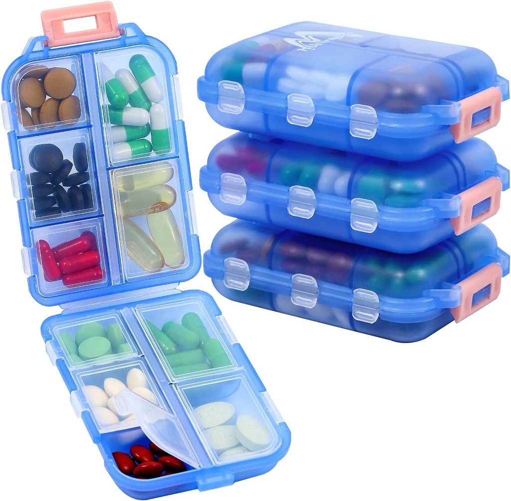 4PS Travel Pill Organizer with 164 Slice Labels，10 Compartments Travel Pill Box Portable Folding Small Pill Case Daily Pill Container Used for Carry Storage Medicine Organizer by M MUchengbao (Blue)