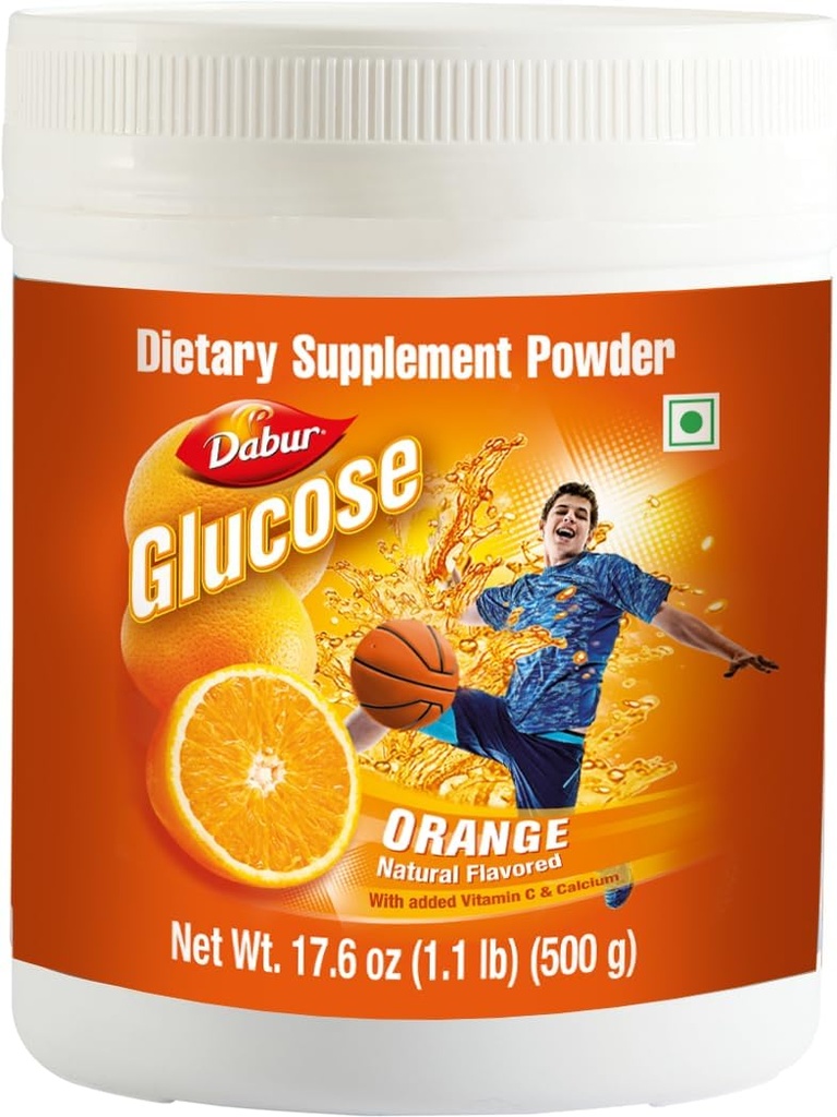 Dabur Glucose - Glucose Powder - Fortified with Vitamin D and Calcium - A Tasty Orange - 500 Grams