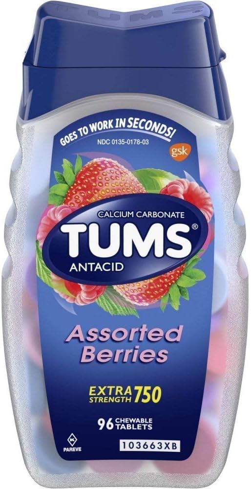 Tums Antacid/Calcium Supplement, Extra Strength 750, Chewable Tablets, Assorted Berries 96 tablets by TUMS (Original Version)