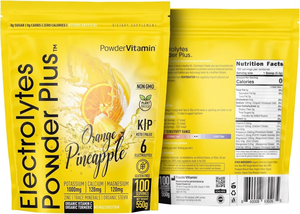 PowderVitamin Electrolytes Powder Plus (100 Servings) Orange Pineapple Electrolyte Powder Zero Calorie, Keto, 0 Sugar, No Maltodextrin,1000mg Potassium,120mg Calcium,120mg Magnesium, Hydration Powder