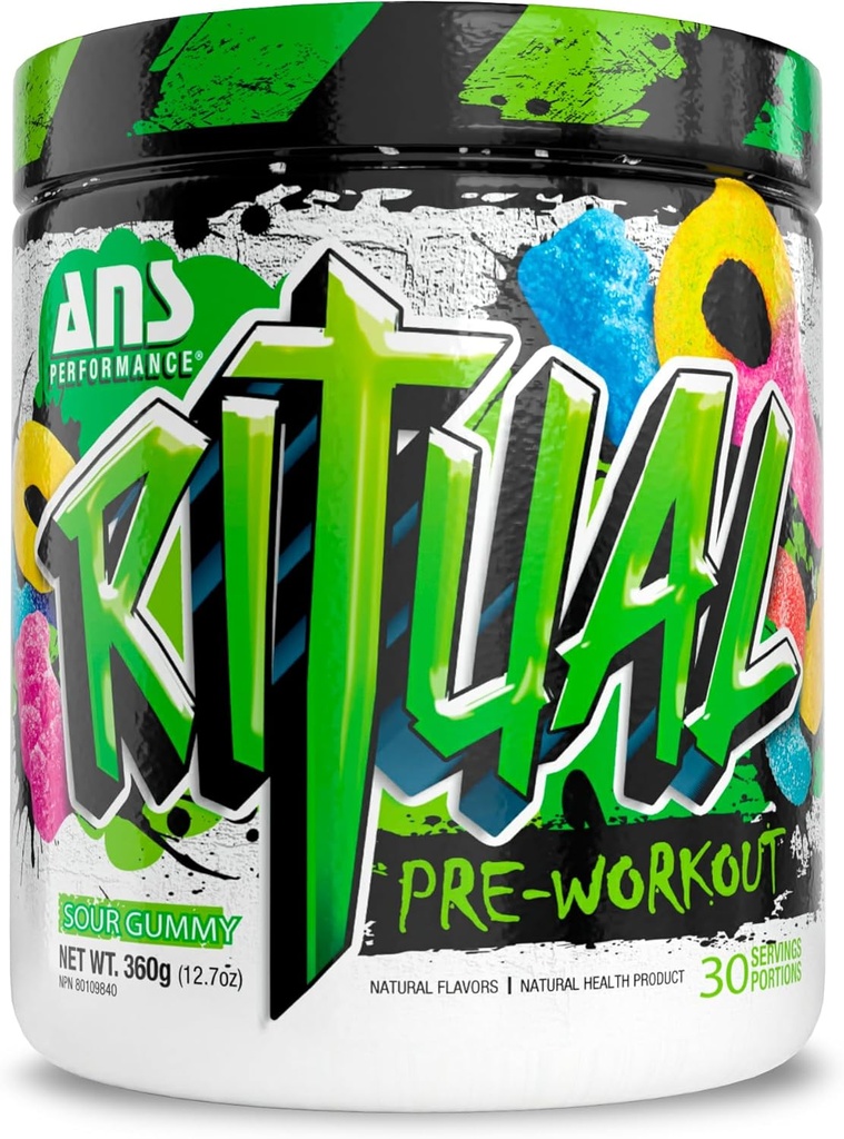 ANS Performance Ritual Pre Workout (30 Servings, 12.7 oz) - Complete Preworkout Formula - Energy, Focus, & Strength - Increase Power Output & Workout Volume - Endurance & Stamina (Sour Gummy)