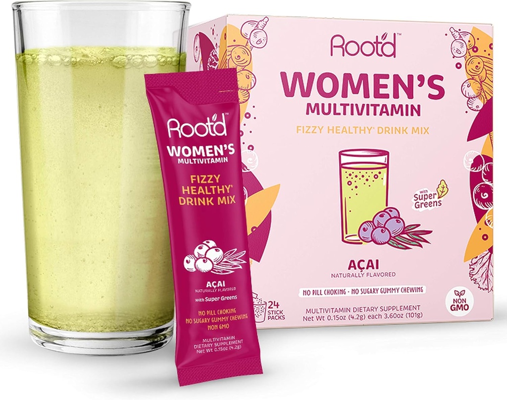 Root'd - Powder Multivitamin For Women - With 25 Vitamins & Minerals | Vitamin A, C, D, E, B12, B6, K, Iron, Probiotics, Electrolytes, Organic Super Greens | Natural Acai | 24 Effervescent Stick Packs