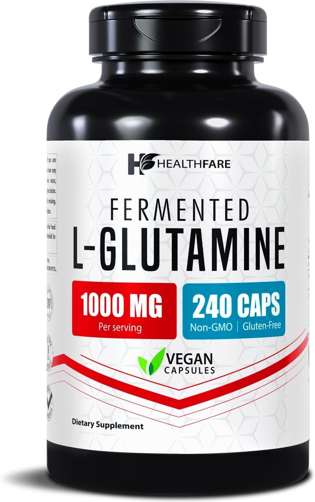 HealthFare L Glutamine 1000mg | 240 Vegan Capsules | Extra Strength Amino Acid Supplement | Supports Digestive Balance, Nutrient Absorption & Muscle Recovery | Non-GMO, Gluten-Free | Made in USA