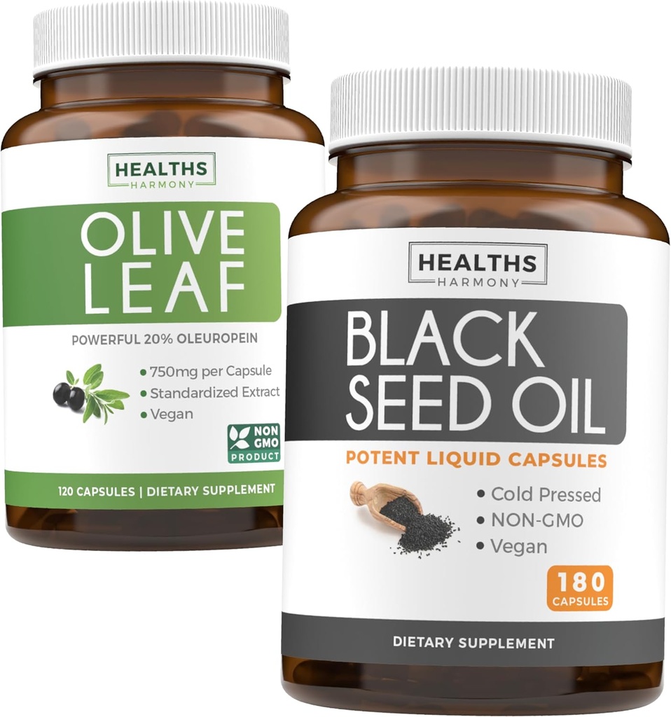 Olive Leaf & Black Seed Oil (3-Month Supply) Leaf & Seed Bundle of Olive Leaf Extract (120 Capsules) Super Strength and Black Seed Oil (180 Capsules) Cold pressed Nigella Sativa Cumin Seed
