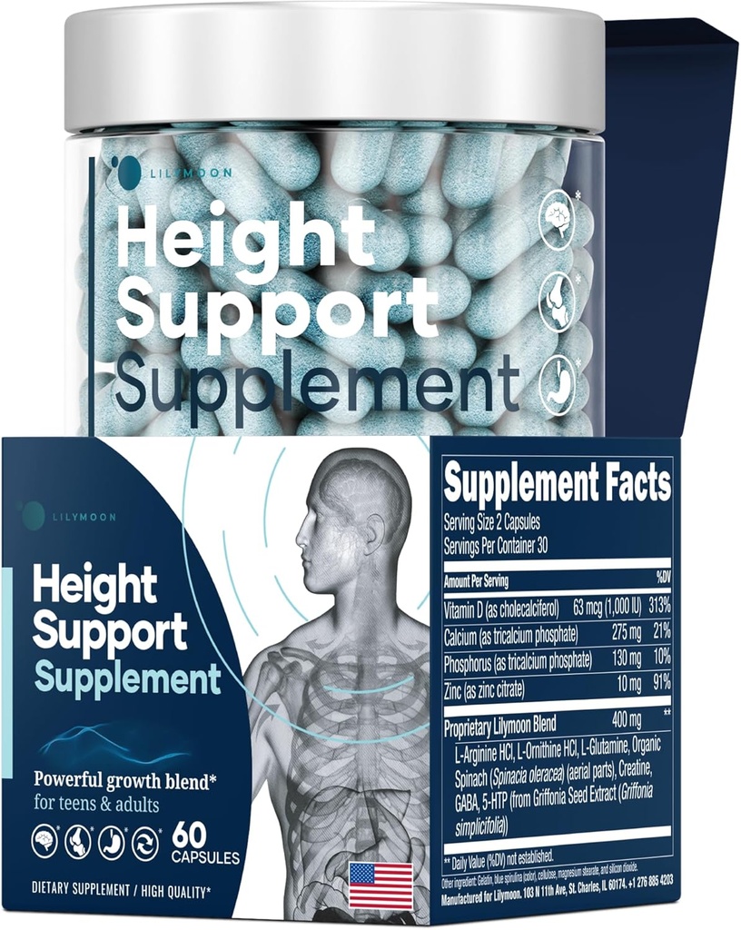 Height & Bone Support Supplement - Premium Height Growth Supplement for Kids & Teens with Calcium - Nutritional Support Bone Health Formula - Height Increase Essential Vitamins - 60 Caps