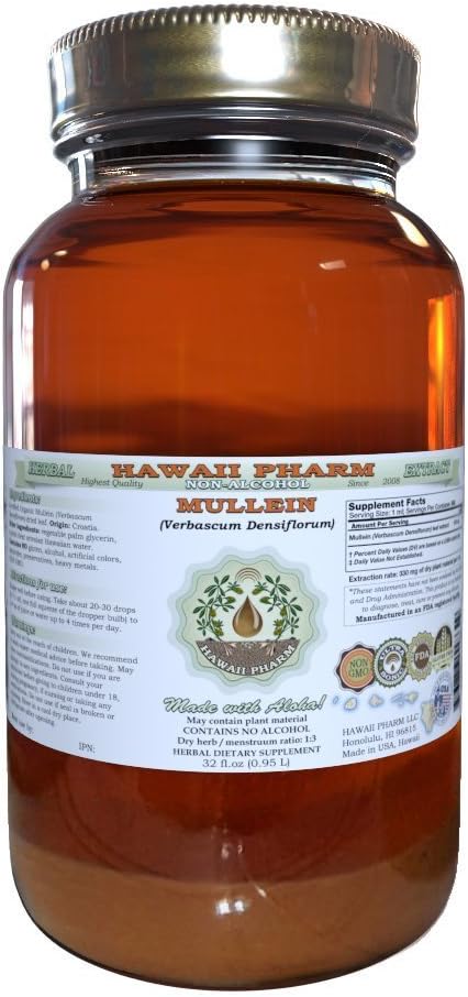Mullein Alcohol-Free Liquid Extract, Organic Mullein (Verbascum densiflorum) Dried Flower Glycerite Natural Herbal Supplement, Hawaii Pharm, USA 32 oz Unfiltered