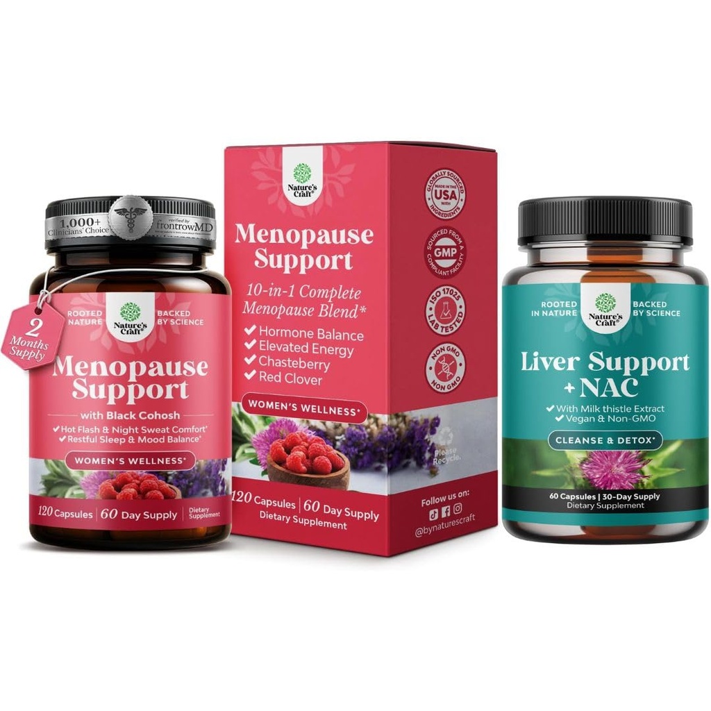 Bundle of Total Menopause Supplement with Dong Quai Vitex Chaste Berry & Black Cohosh for Natural Hormone Support and Liver Support NAC Supplement with Milk Thistle for Liver Cleanse Detox & Repair
