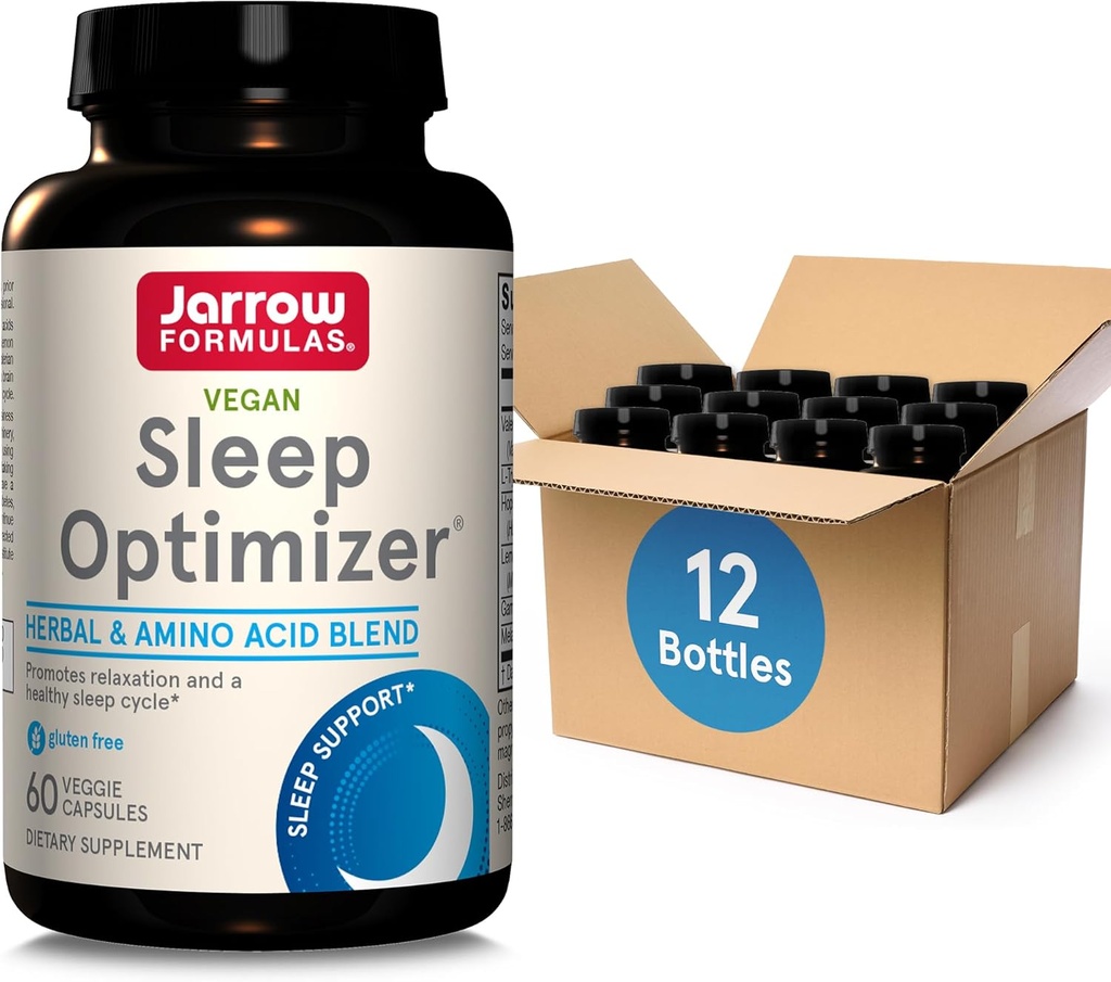 Jarrow Formulas Sleep Optimizer - 60 Veggie Capsules - Promotes Healthy Sleep Cycle & Relaxation - Includes PharmaGABA, Hops Flower, Valerian, Melatonin & L-tryptophan 30 Servings, Pack of 12