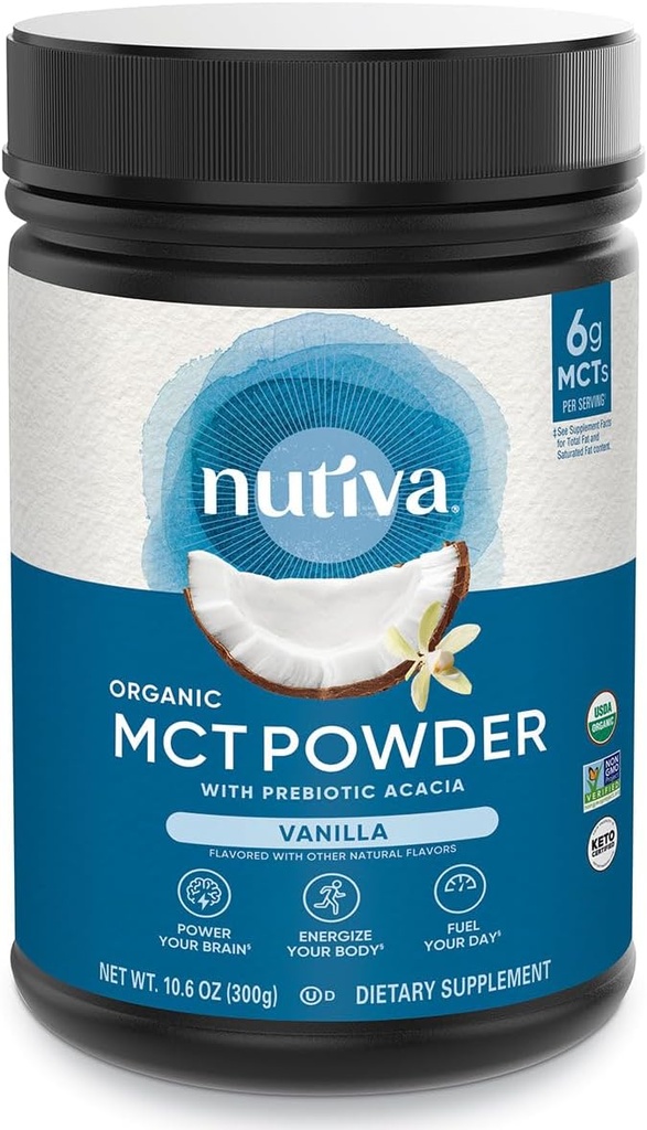 Nutiva Organic MCT Powder with Prebiotic Acacia Fiber, Vanilla, 10.6 Oz, USDA Organic, Non-GMO, Non-BPA, Vegan, Gluten-Free, Keto & Paleo, Instant Beverage or Boost to Coffee & Smoothies