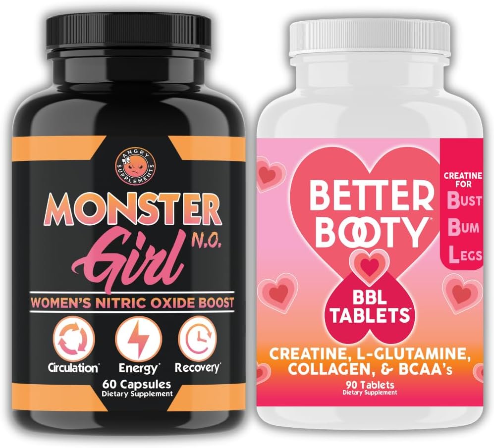Angry Supplements Women's Workout Bundle: Monster Girl N.O Nitric Oxide Booster 60ct + Creatine Complex Tablets 90ct 2 Bottles Total