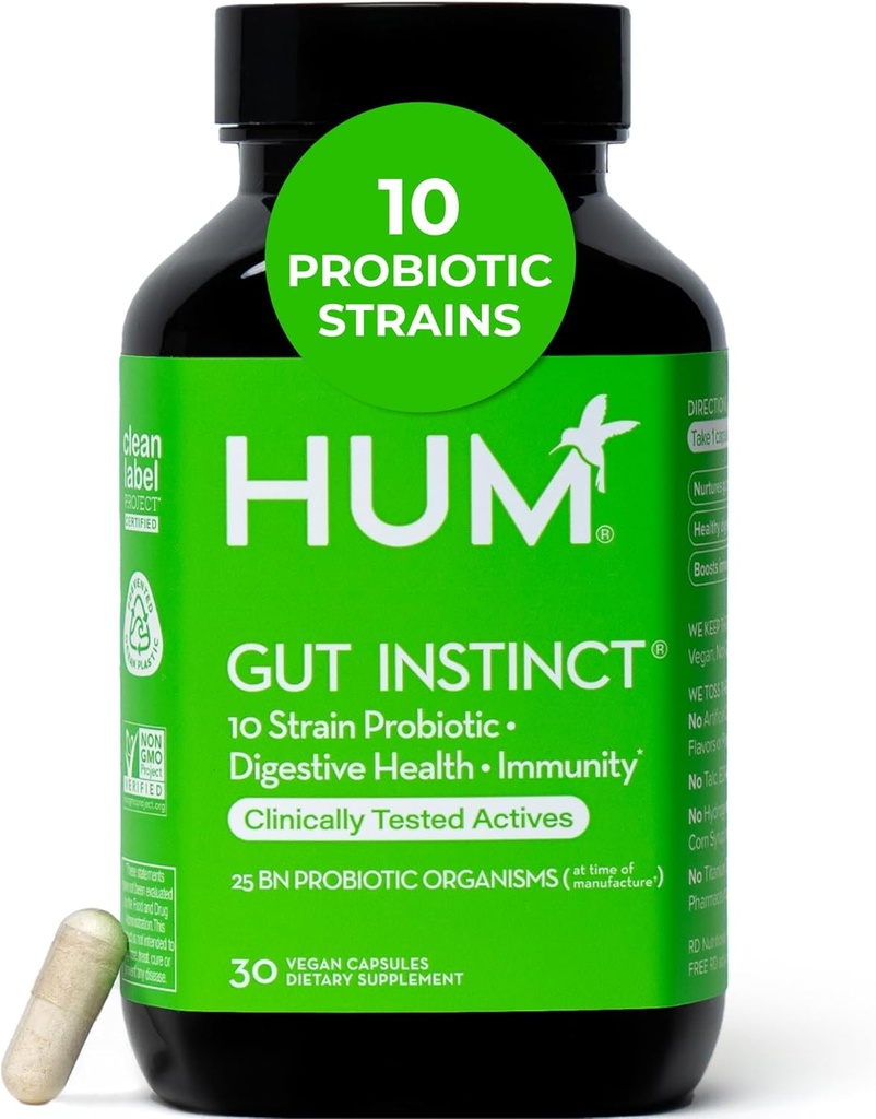 HUM Gut Instinct Daily Probiotics for Women and Men, Digestive Health, Lactobacillus, Bifidobacterium Strains for Immune Support, Probiotic Supplement for Healthy Gut Diversity, 30 Capsules