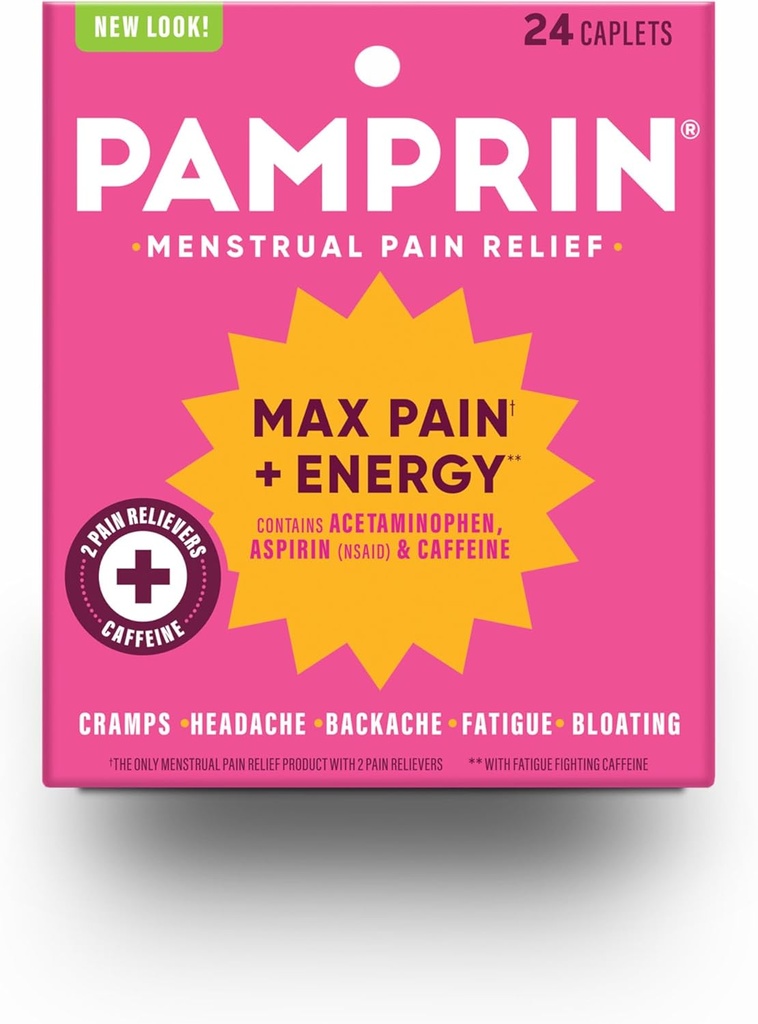 Pamprin Maximum Strength Max Pain and Energy Formula, Menstrual Period Symptoms Relief for Cramps, Bloating and Fatigue, 24 Caplets